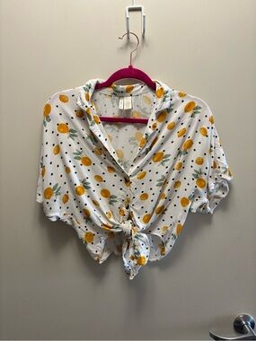 Japna White Button-Front Tie Shirt with Yellow Orange Fruit Print